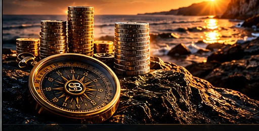 Solent Bullion Stack Journey with stacked coins, compass and Solent sunset